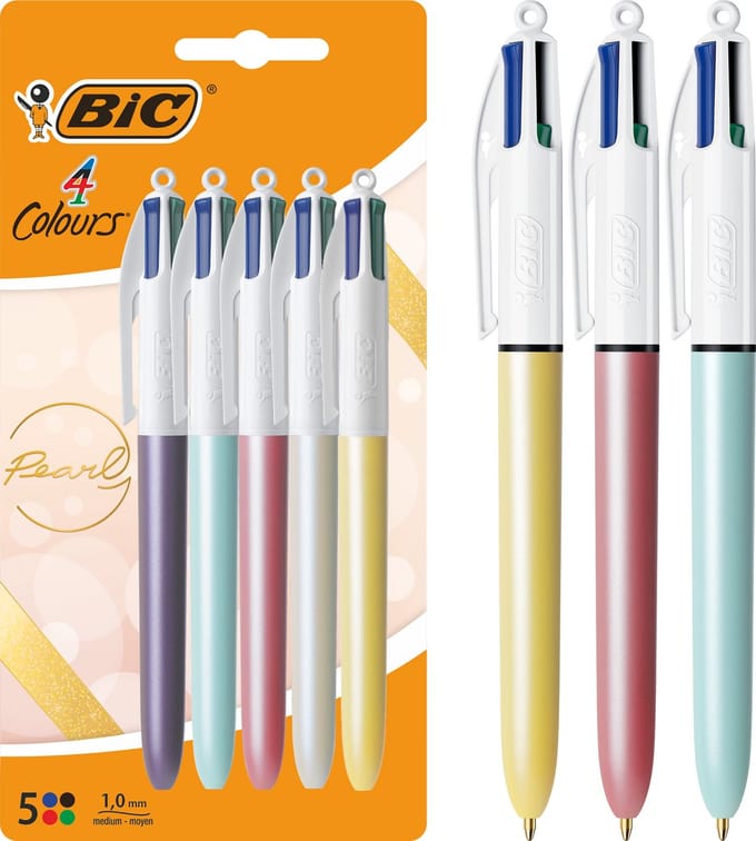 BIC 4 Kleuren Pen met Pareldesign - Balpen - Parel Design - Pennen - Medium Punt (1mm) - Pennen - 5 Stuks