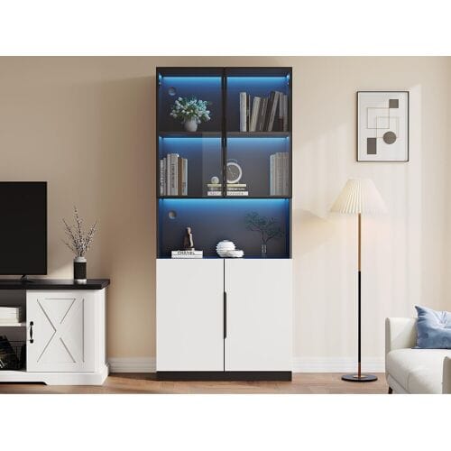 ModernLuxe Vitrinekast 80x30x200 cm met LED - 4 deuren (2 glazen deuren) - Wit & Zwart
