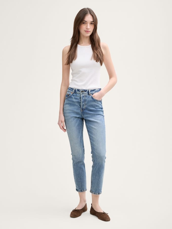 Tom Tailor Denim - TTLOTTE slanke rechte jeans met hoge taille - Maat 30 - Used Mid Stone Blue Denim