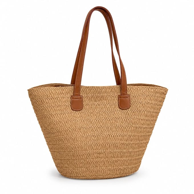 Strandtas Dames - Gevlochten Shopper met Ritssluiting - Khaki