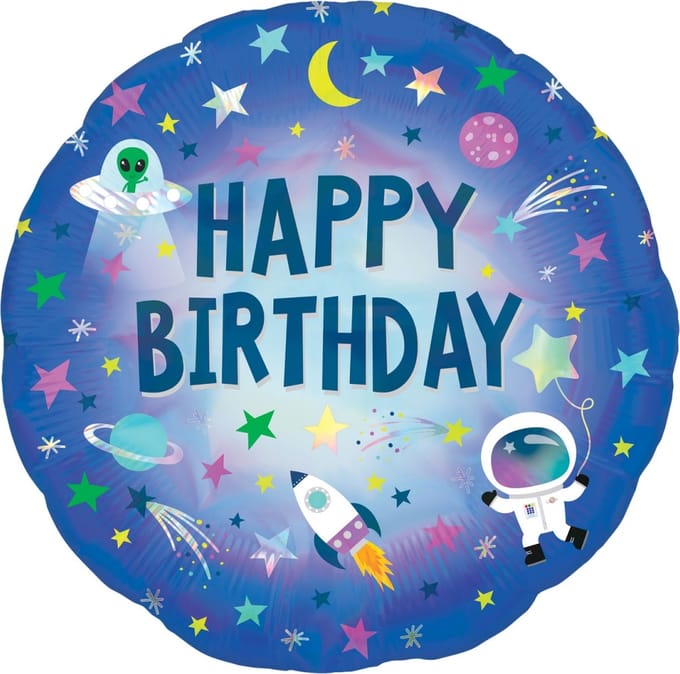Amscan Folieballon Holog. Happy B-day Outer Space 45 Cm Blauw
