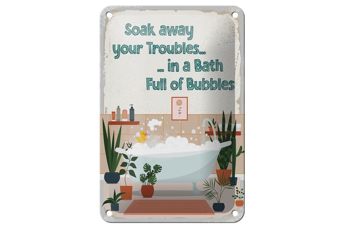 Blechschild Spruch Bad Soak away your Troubles Bath 12x18cm Schild