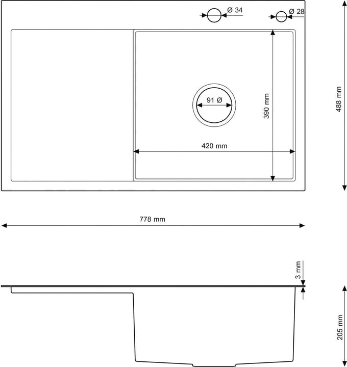 Granitan RVS Spoelbak Bari78P Enkelvoudige Kom met Sifon