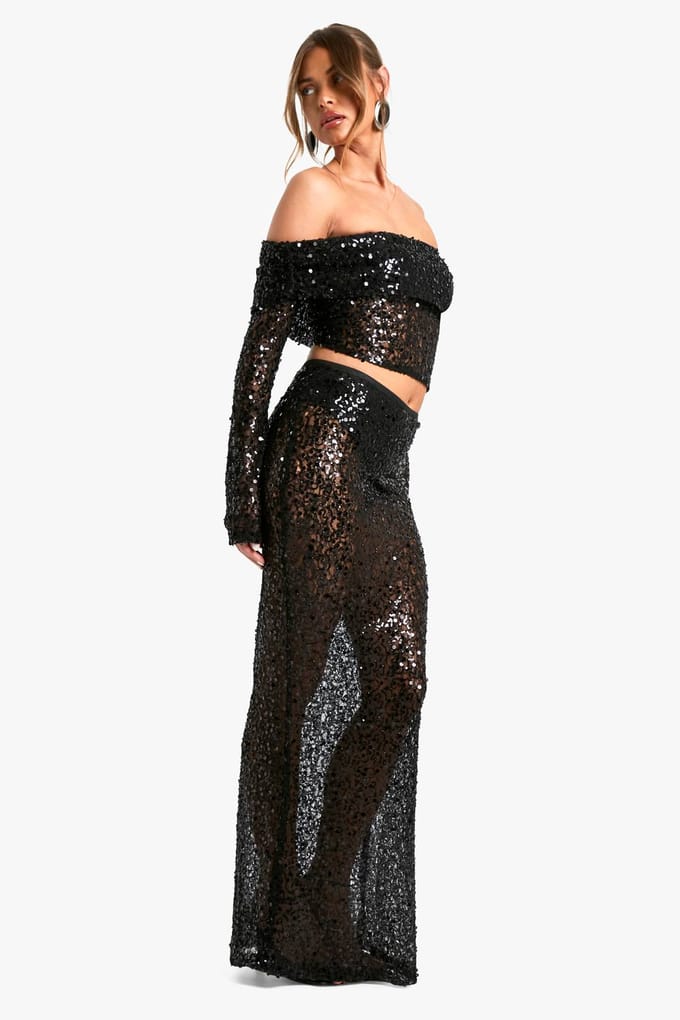 boohoo Dames Sequin Beaded Lace Maxi Skirt | Zwart | Maat: 36