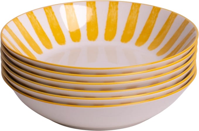 Set van 6 diepe borden - pastaborden - 20 cm - 6 persoons - wit met gele streep - aardewerk - Valencia style - Kade 171 borden - hip en trendy