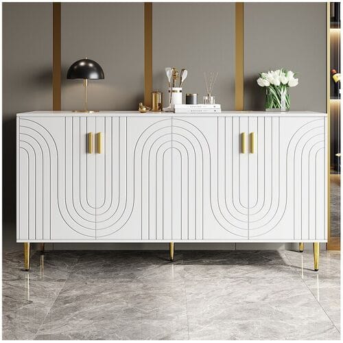 Wit dressoir met uniek golfdesign, gouden handgrepen en poten, MDF, voor een elegante eetruimte (152x40x75 cm)