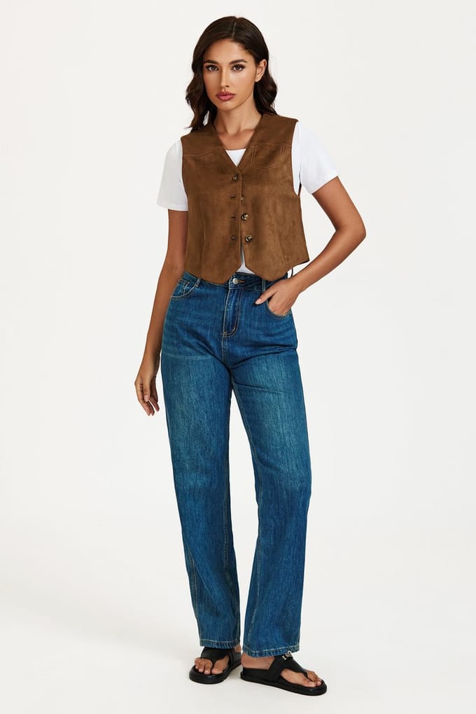 FS Collection-Faux Suede Gilet in Camel