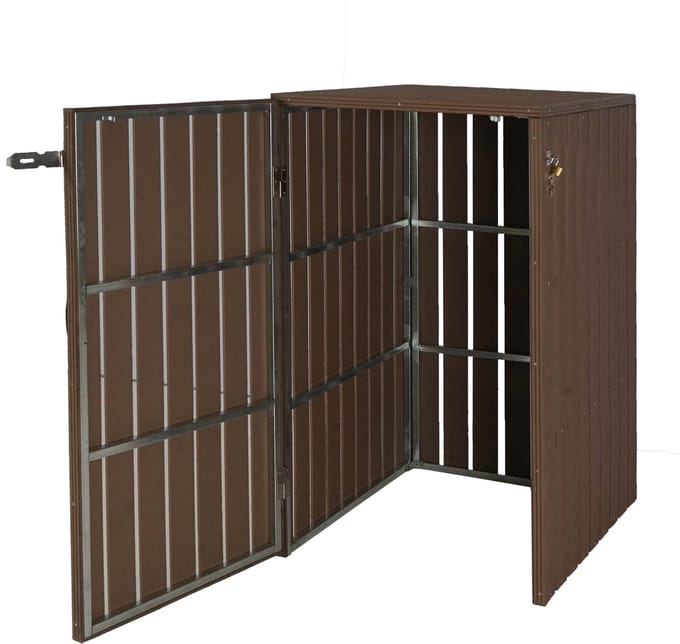 XL 1/2 WPC afvalbakdeksel MCW-J28, afvalbakdoos, metaal-houtlook, uittrekbaar ~ bruin