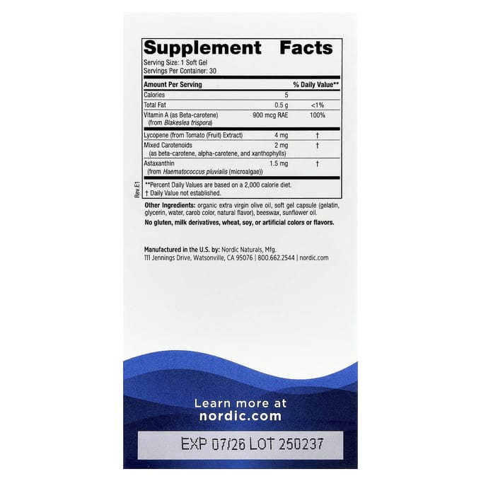 Nordic Naturals, Vitamine A + Caroténoïdes, 30 Gélules Molles