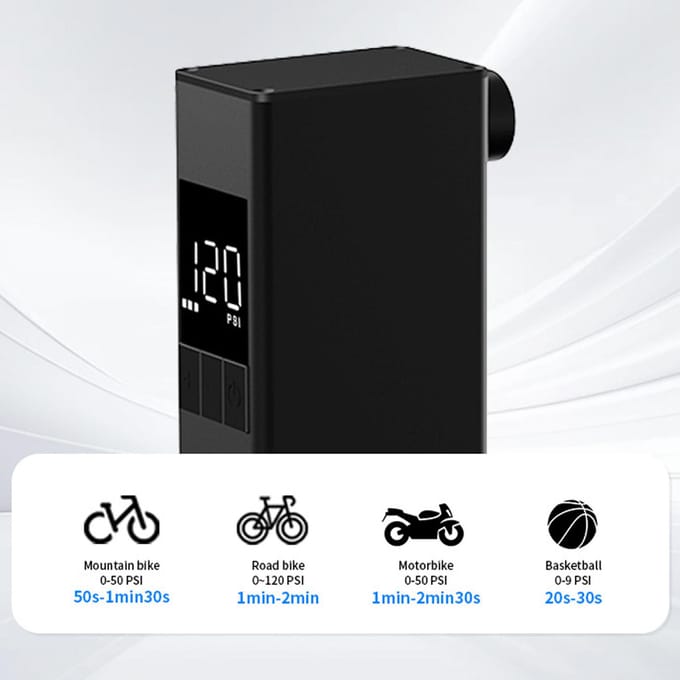 Mini pompe à vélo électrique avec manomètre numérique Charge rapide 120 PSI Écran LED Électrique noir