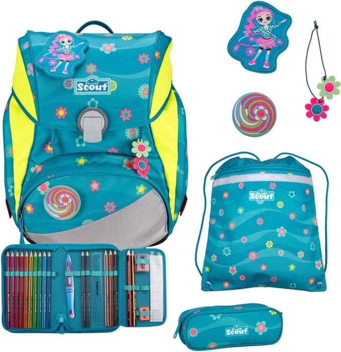 Scout schooltas Alpha Set 4-delig Little Flowers petrol