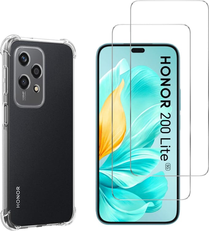 Hoesje voor Honor 200 Lite 5G backcover Shockproof siliconen Transparant en 2 stuks Screenprotector Gehard Glas