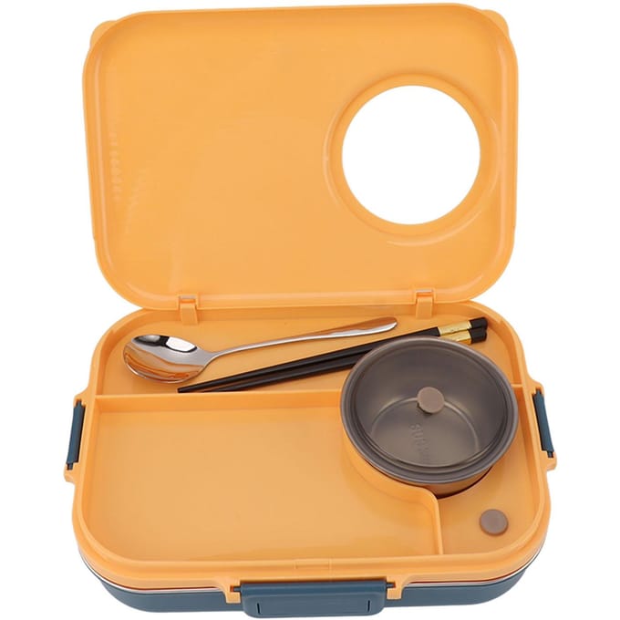 Bento Box 4 Compartimenten 1200ml 304 Roestvrij Staal Geïsoleerd met Soepkom Deksel Lepel Eetstokjes Yellow orange