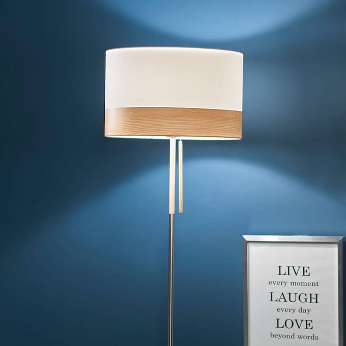 Globo Vloerlamp Libba crème-hout - met trekschakelaar