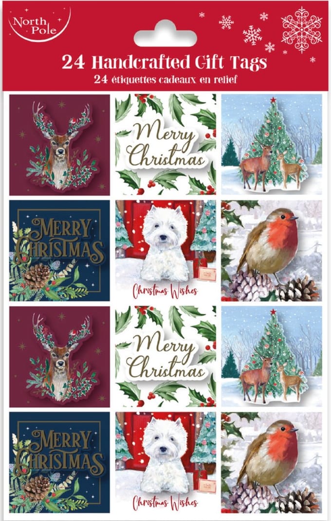 Kerst - Dubbele Cadeaulabel Kaart - Handgemaakt - 5.5x5.5 cm - 24 Stuks