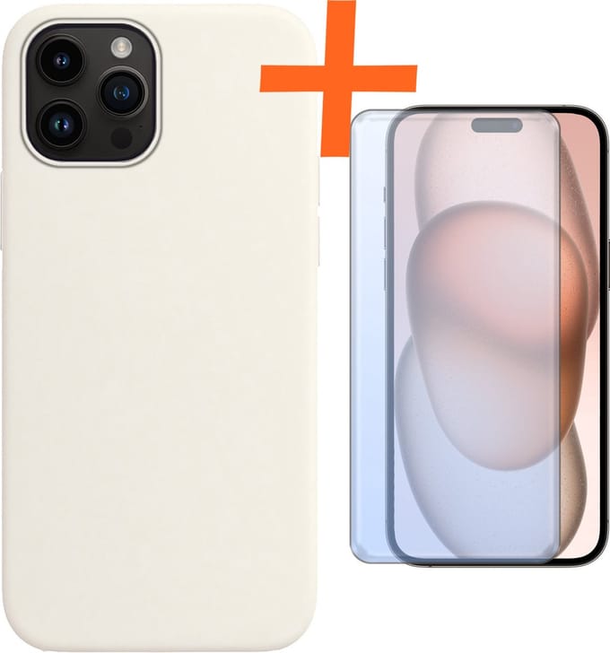 Hoes - Met Screenprotector - Geschikt voor Apple iPhone 15 Pro Max - Sterk & Shockproof - Back Cover - Siliconen Case - Telefoon Hoes - Wit