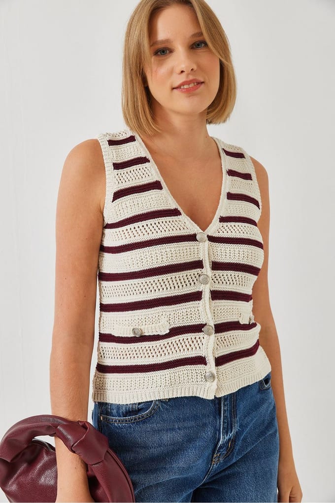 Streeppatroon V-hals Korte Vest met Knopensluiting