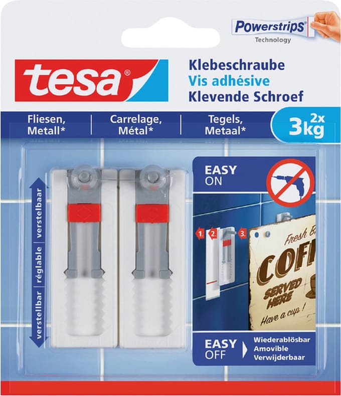 Klevende schroef tesa® tegels & metaal 3kg verstelbaar wit 2 stuks