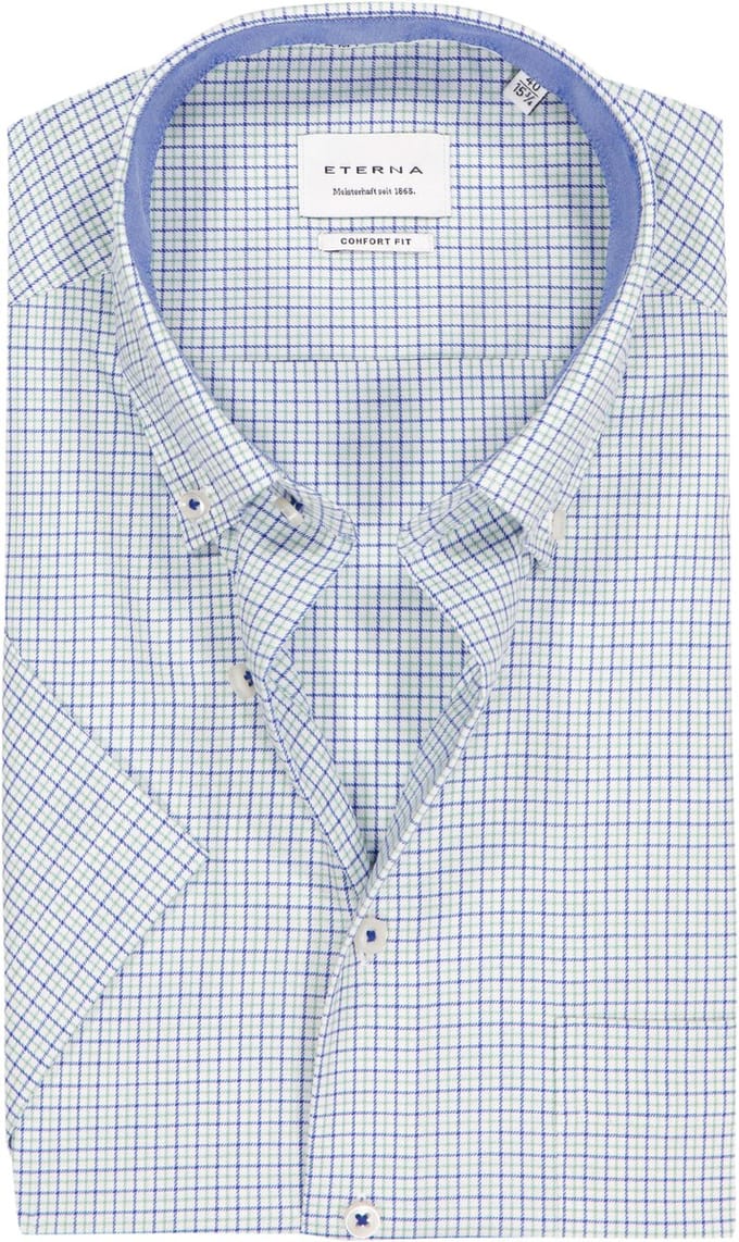 ETERNA comfort fit overhemd korte mouw - twill - wit met groen en blauw geruit