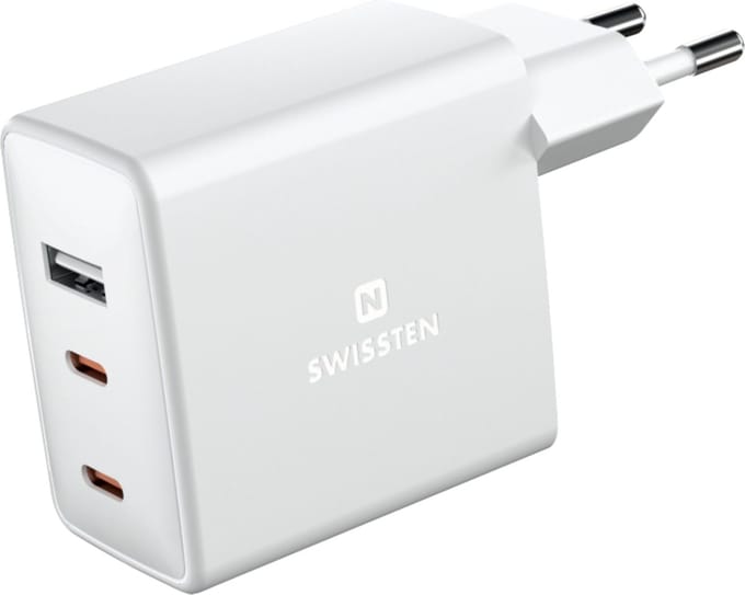 Swissten USB-C Snellader - 3 poorten - GaN technologie - 2x USB-C & USB-A - 70W - Wit