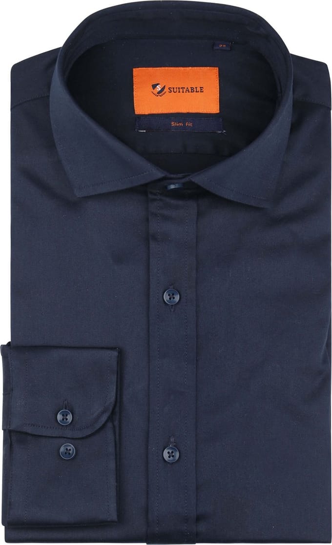 Suitable Satin Overhemd Donkerblauw (navy) - Maat 41 - Heren - Overhemden Formeel