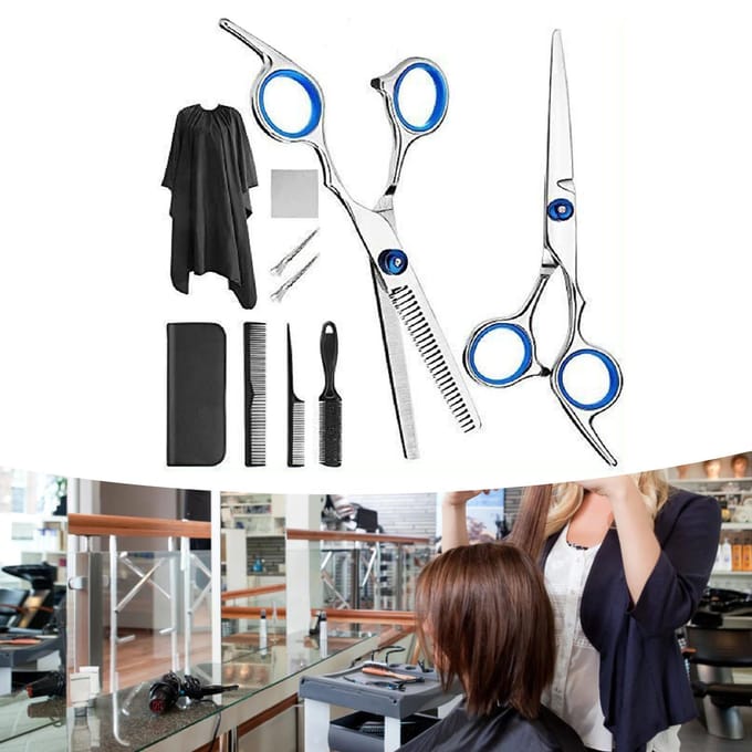 10 stuks Haarknippenset Kammen Cape Roestvrij Staal Barbershop Kappersschaar Set Blauw white