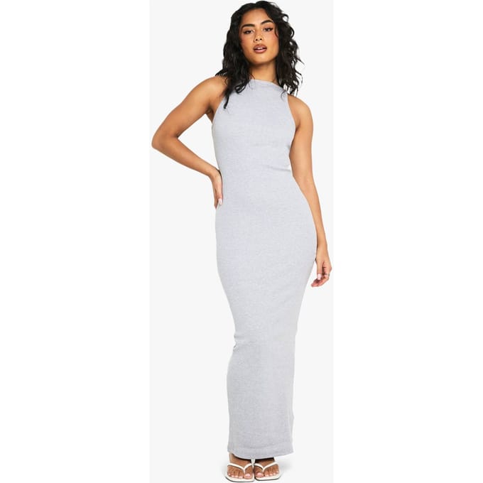 boohoo Dames Basic Rib Racer Neck Maxi | Grey Marl | Maat: 16