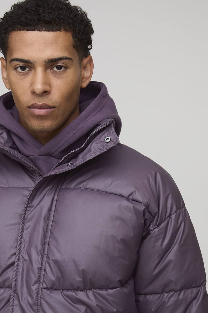 Regular Fit Crinkle High Shine Panelled Funnel Neck Puffer Jacket | Plum | Size Medium