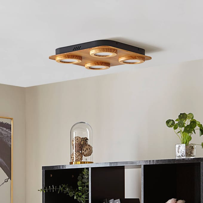Lindby LED spot Joren, hout, 38 x 38 cm, 4-lamps, 3.000 K