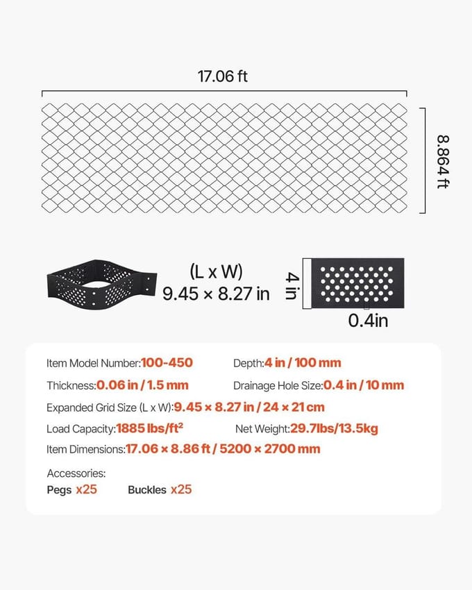 Grond Grid 4-Inch Diep Geocell Grid 17.06x8.86FT / 5200x2700mm voor Grind