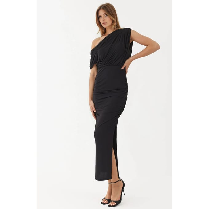 Geweven Midi Wikkeljurk met Asymmetrische Kraag en Splitsdetails