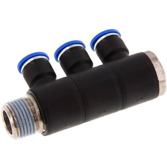 10mm x R1/2'' 3-way Manifold Messing/PA 66 Insteekfitting Buitendraad Draaibaar NBR