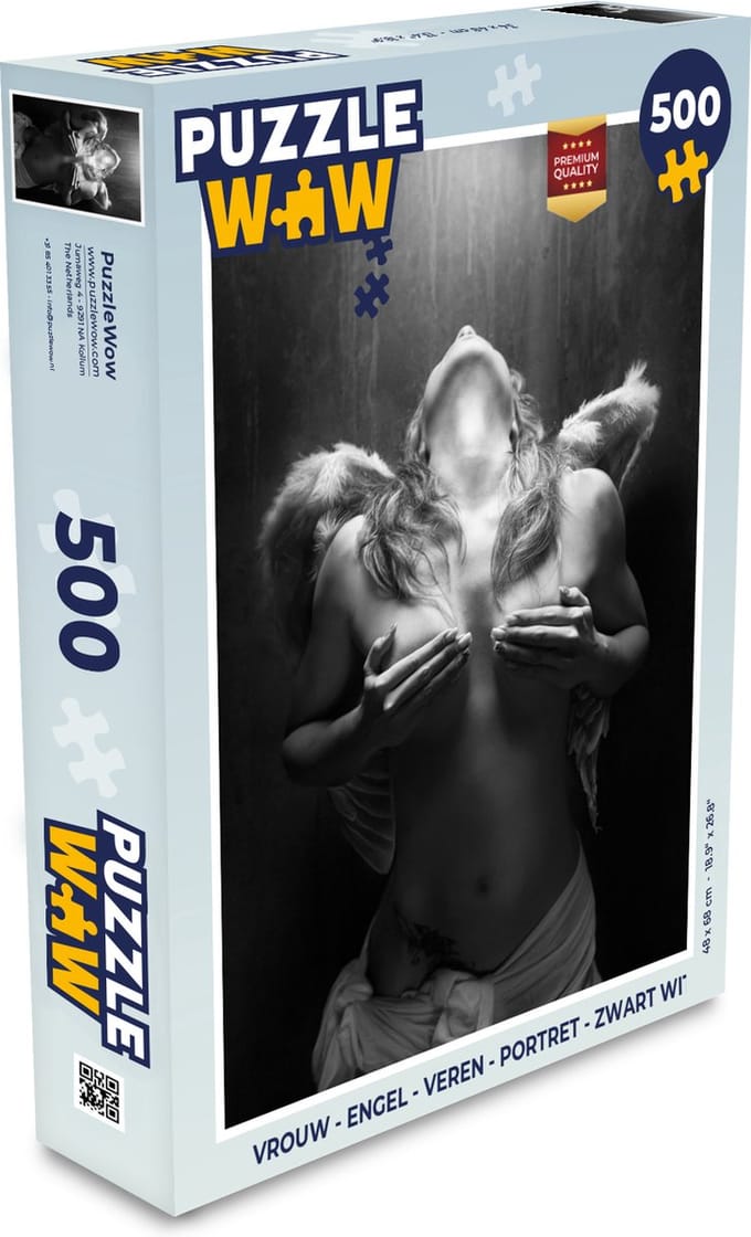 Puzzel Vrouw - Engel - Veren - Portret - Zwart wit - Legpuzzel - Puzzel 500 stukjes