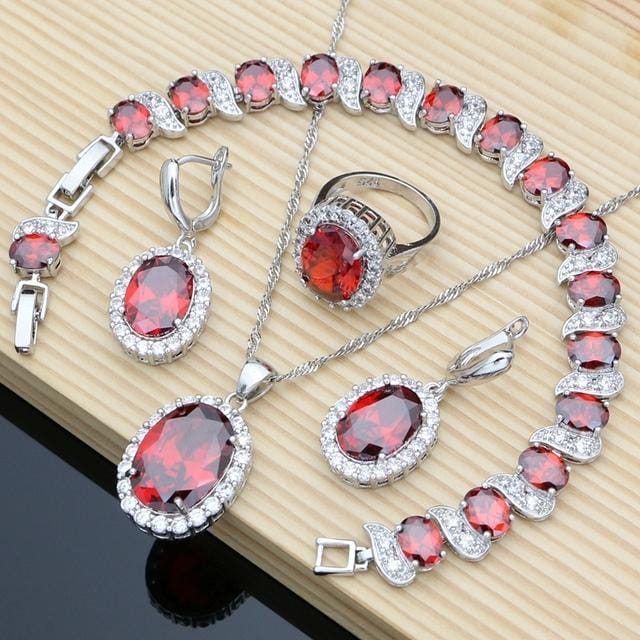 Paarse Edelsteen Amethist Sieraden Kit Oorbellen Ring Accessoires Dames Bruiloft Apen Ketting Kit 10 rood