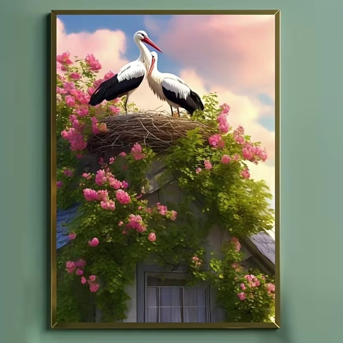 diamond painting ooievaars op bloemen nest 30 x 40 cm