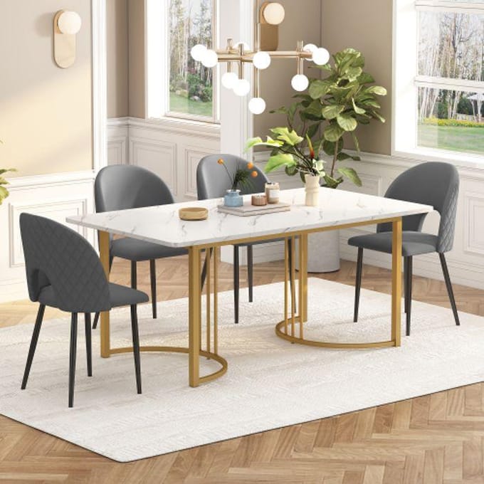 Ensemble salle à manger - MUVOE - Table 140x80 cm - 4 chaises en velours gris - Pieds réglables - MDF blanc