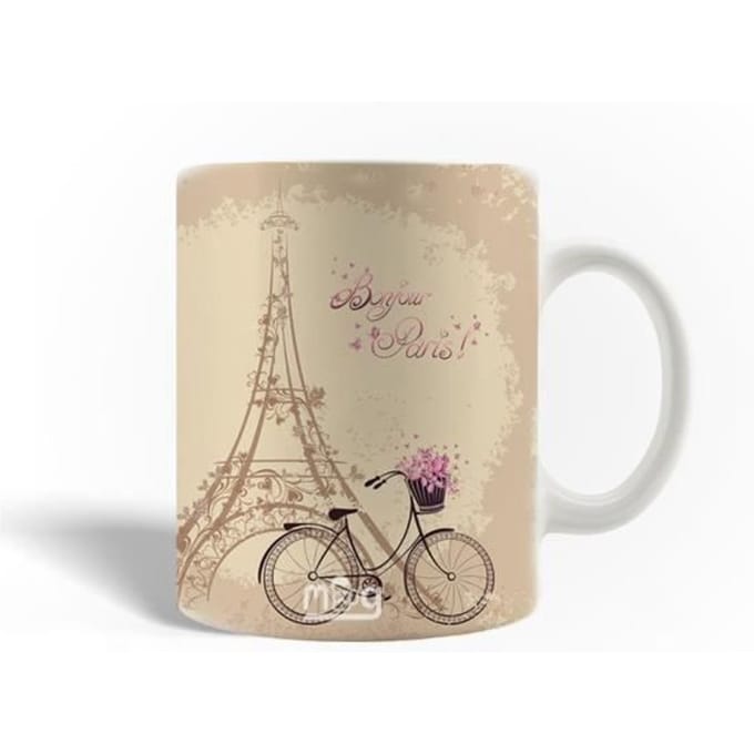Mug en Céramique La Tour Eiffel Bicyclette Rose de Cru avec les fleurs roses Paris France