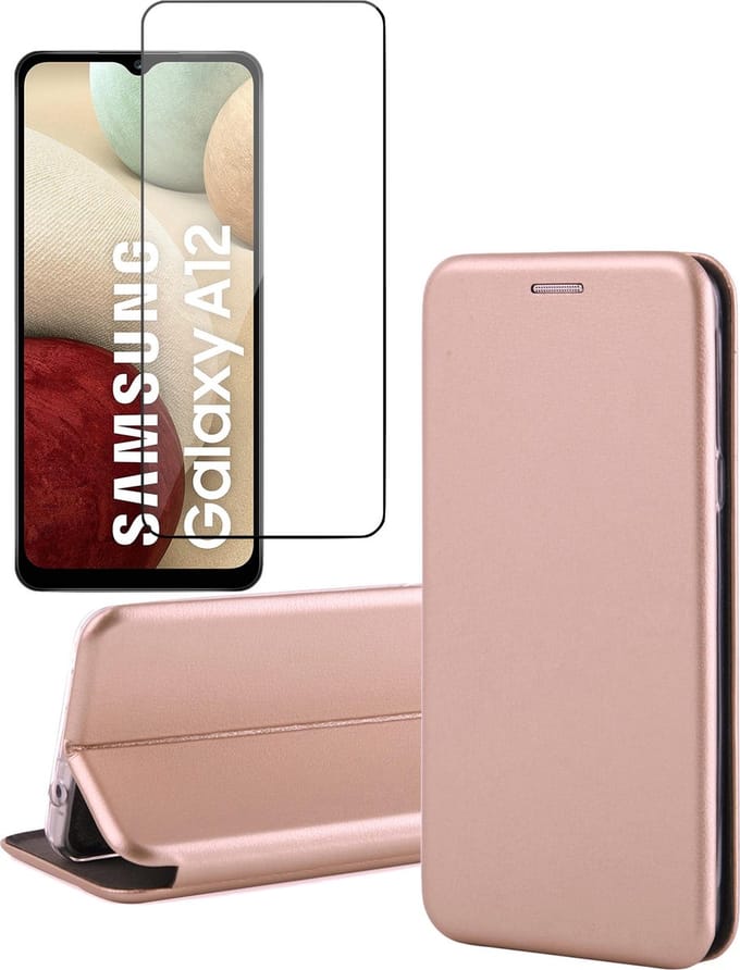 Hoesje geschikt voor Samsung Galaxy A12 - Screen Protector GlassGuard - Book Case Kunstleer ThinShield Roségoud & Screenprotector