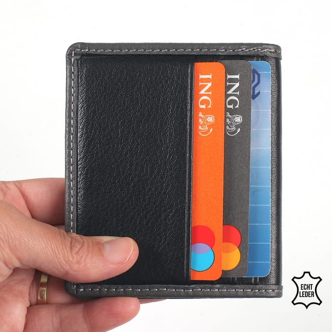 Bagwise Pasjeshouder - Kaarthouder - Creditcard houder -Platte Portemonnee - Echt Leer - Zwart/Grijs