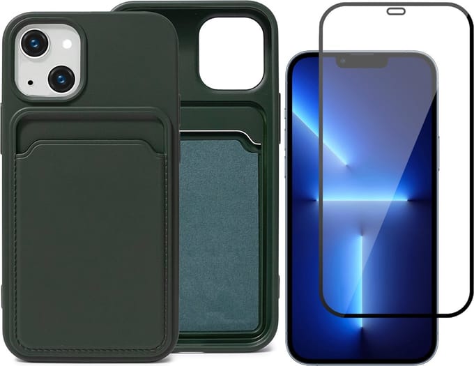 Groen Pasjeshouder Hoesje geschikt voor Apple iPhone 13 Mini - Screenprotector Glas - Backcover