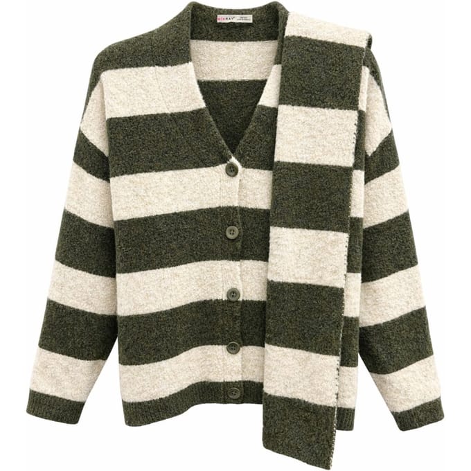 Gestreepte V-Hals Knopen-Front Brei Cardigan