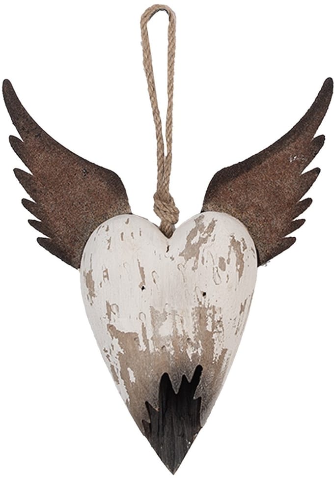 Clayre & Eef Decoratie Hanger Hart 17x3x20 cm Wit Bruin Hout