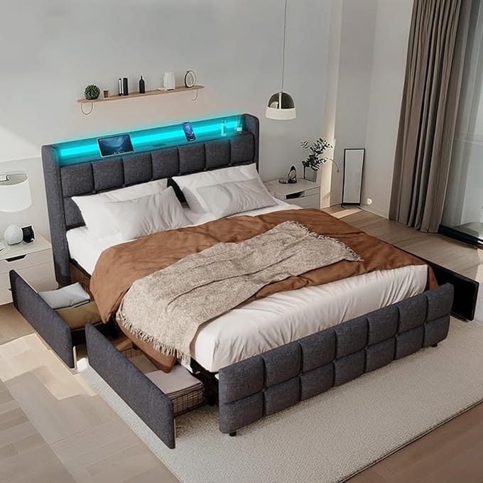 Upholstered Bed 200x200 cm Light Grey Velvet – Modern Bed with Storage Drawer, Headboard & Slatted Base – Comfortable & Durable Design – Pauwhome