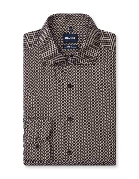 OLYMP Level 5 body fit overhemd - dobby - bruin met wit dessin - Strijkvriendelijk - Boordmaat: 43 (EU maat: XL)