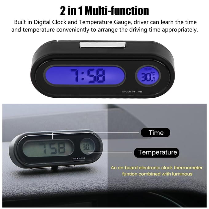 2 in 1 Auto Voertuig Interieur Mini Elektronisch Horloge LED Digitale Klok Thermometer Voltmeter blue