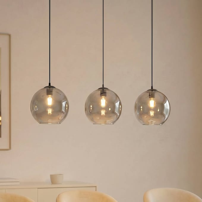 Lucande hanglamp Brillar, rookgrijs, glas, 3-lamps, 128 cm
