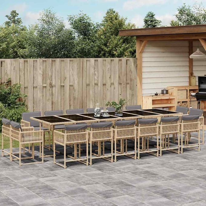 vidaXL - 17-delige - Tuinset - met - kussens - poly - rattan - gemengd - beige
