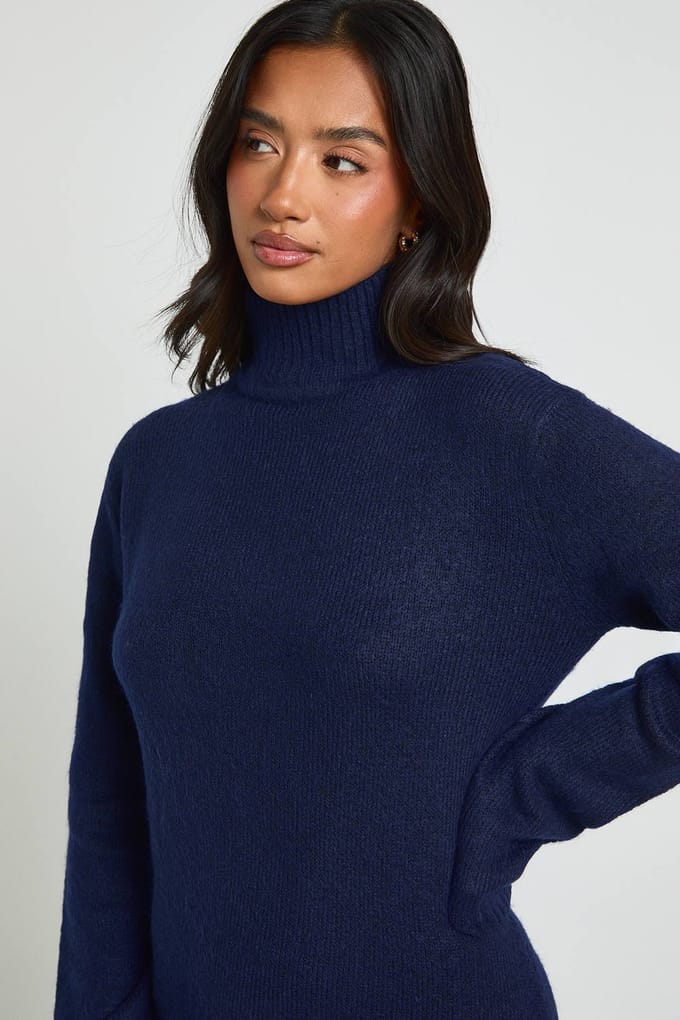 boohoo Dames Petite Super Soft Hoge Hals Gebreide Maxi Jurk | Marineblauw | Maat: Medium