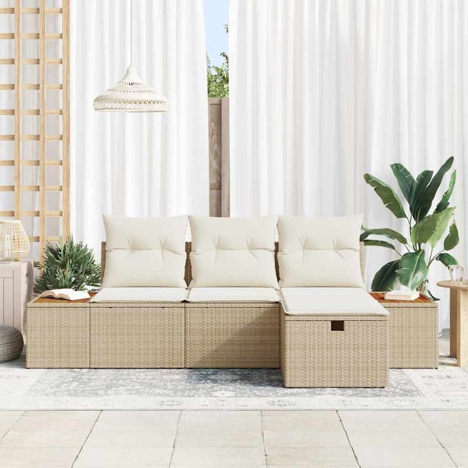 vidaXL Tuinbank Set met kussen met opslag 4 pcs Beige poly rattan