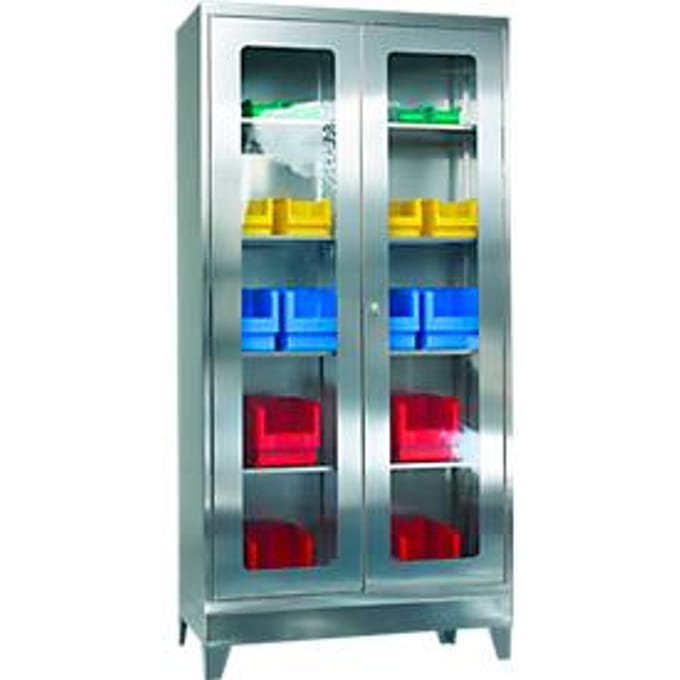 Rvs vitrinekast, 2-deurs, 4 legborden, met poten, B 1000 x D 500 x H 1950 mm